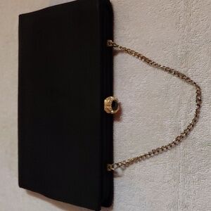 L And M Vintage Black Satin Evening Clutch With Chain And Stone Clasp